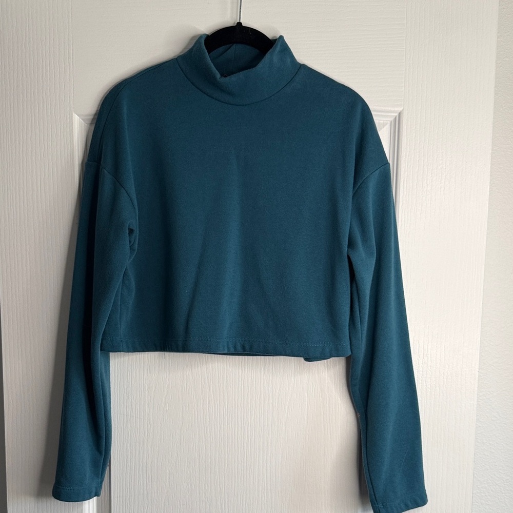 Teal Blue Turtleneck Long Sleeve Women's Crop Top Small
